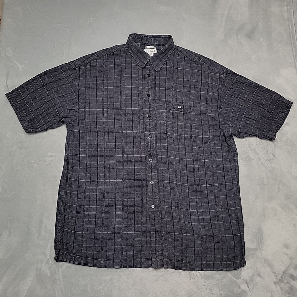 Ron Chereskin Shirt Mens 2XLT Gray Washable Linen Rayon Blend Plaid Short Sleeve